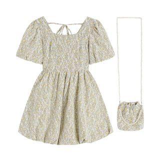 Set: Short-sleeve Floral Print Mini A-line Dress + Mini Crossbody Bag