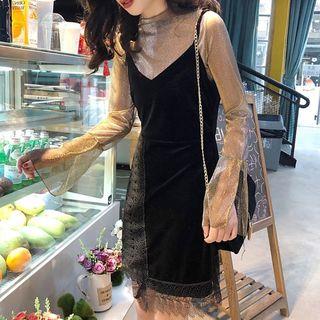 Set: Mock Neck Long Sleeve Glittered Top + Lace Trim Spaghetti Strap Dress