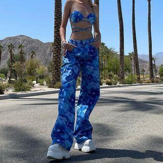 Lace Up Floral Tube Top / Wide Leg Pants