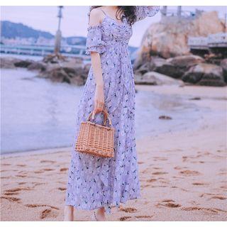 Off Shoulder Elbow-sleeve Maxi Chiffon Dress