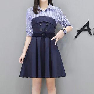 Stripe Panel Long-sleeve A-line Dress