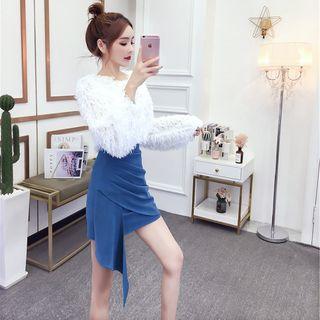 Set: V-neck Furry Top + Asymmetric Shirred Mini Skirt