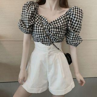 Puff-sleeve Checked Top / High-waist Wide-leg Shorts