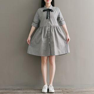 Striped Elbow-sleeve A-line Shirtdress