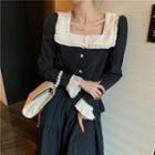 Color-block Lace Long-sleeve Slim-fit Top / Ruffle Skirt