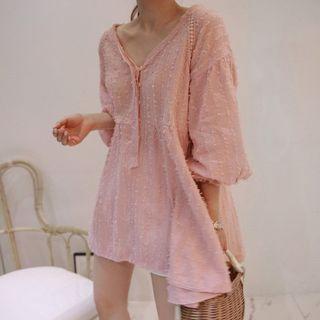 V-neck Textured Long Flare Blouse