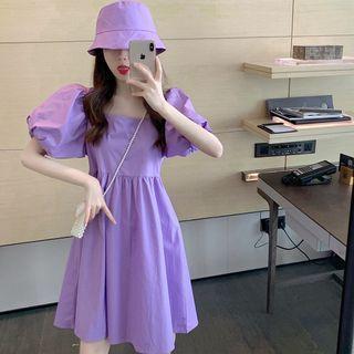 Set: Puff Short-sleeve A-line Dress + Bucket Hat