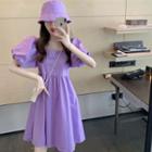 Set: Puff Short-sleeve A-line Dress + Bucket Hat