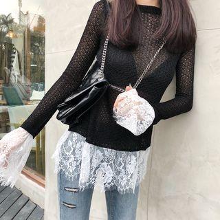 Lace See-through Long-sleeve Knit Top As Figure - One Size