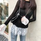 Lace See-through Long-sleeve Knit Top As Figure - One Size