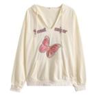 Long-sleeve V-neck Embroidered Hoodie Almond - One Size
