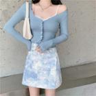 Long-sleeve Buttoned Knit Top / Lace Trim Camisole Top / Tie-dyed A-line Mini Skirt