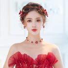 Set: Wedding Flower Hair Clip + Dangle Earring + Necklace 1 Pair - Hair Clip & 1 Piece - Necklace & 1 Pair - Clip On Earrings - Red - One Size