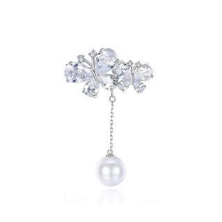 Simple Temperament Double Butterfly Tassel Imitation Pearl Brooch With Cubic Zirconia Silver - One Size