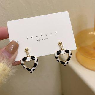Cow Print Heart Drop Earring 1 Pair - S925 Silver - Black & White - One Size