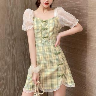 Puff-sleeve Mesh Panel Plaid Mini A-line Dress