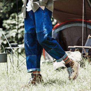 Color Block Cropped Baggy Jeans