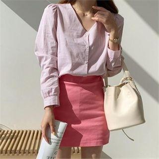 V-neck Puff-sleeve Striped Shirt