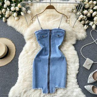 Zip Chain Suspender Denim Dress