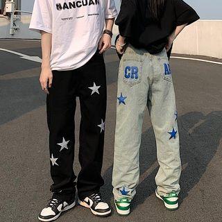 Lettering Star Embroidered Baggy Jeans