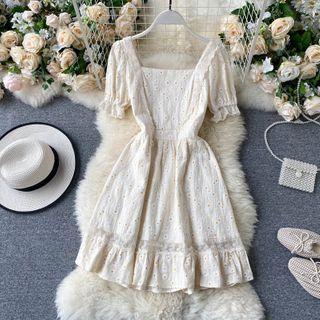Square-neck Short-sleeve Ruffle Lace Dress Almond - One Size