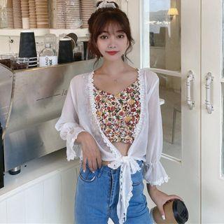 Lace-trim Tie-front Bell-sleeve Chiffon Jacket