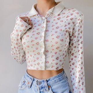 Flower Pattern Button-though Ribbed Top