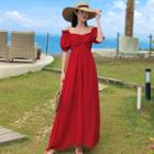 Off-shoulder Shirred Midi A-line Dress