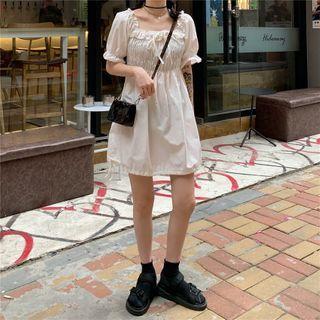Elbow-sleeve Ruched Mini A-line Dress