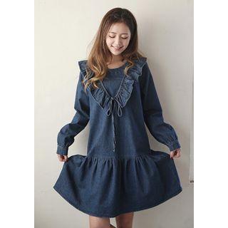 Frill-trim Ruffle-hem Denim Dress