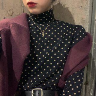 Dotted Mock-neck Long-sleeve Top Navy Blue - One Size