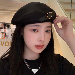 Heart Button Plain Beret Black - M (56-58cm)