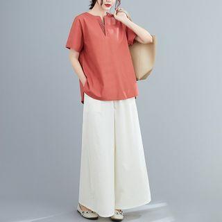 Set : Plain V-neck Short-sleeve Top + Wide-leg Pants
