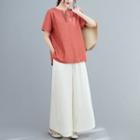 Set : Plain V-neck Short-sleeve Top + Wide-leg Pants