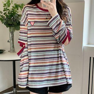 Long-sleeve Striped Cutout T-shirt Stripes - Gray & Coffee - One Size