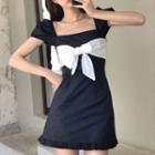 Short-sleeve Square-neck Bow-front Mini Sheath Dress