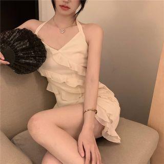 Halter Ruffle Trim Mini A-line Dress