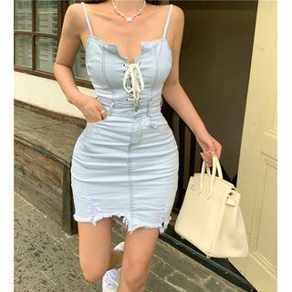 Strappy Denim Mini Sheath Dress