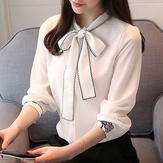 Floral Embroidered Tie-neck Chiffon Blouse