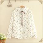 Tie-neck Flower Print Long-sleeve Shirt As Shown In Figure - One Size