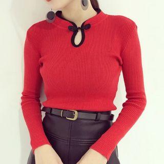 Frog-button Long-sleeve Knit Top