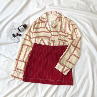 Printed Blouse / Pinstriped Mini Straight-fit Skirt