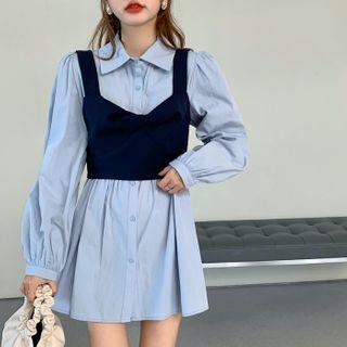 Plain Puff Long-sleeve Dress /ruched Cropped Tank Top