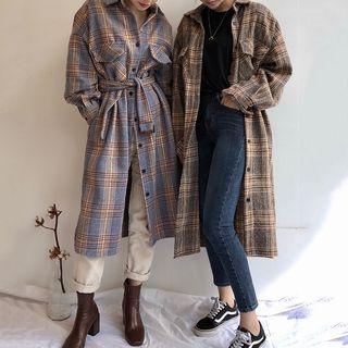 Lapel Plaid Tie-waist Midi Sweatshirt