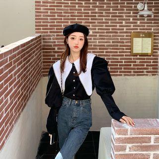 Long-sleeve Contrast Collar Blouse Black - One Size