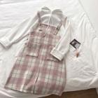 Color-block Plaid Double-pocket Acrylic Jumper Dress Pink - One Size