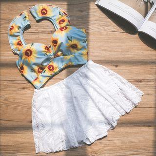 Set: Floral Print Bikini Top + Lace Swim Skirt