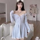 Off-shoulder Lace Trim Ribbed A-line Dress