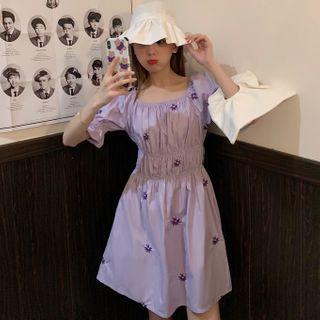Floral Puff Short-sleeve A-line Dress Purple - One Size