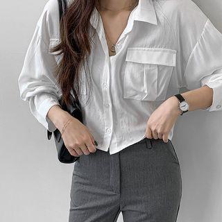 Flap-pocket Silky Cropped Shirt